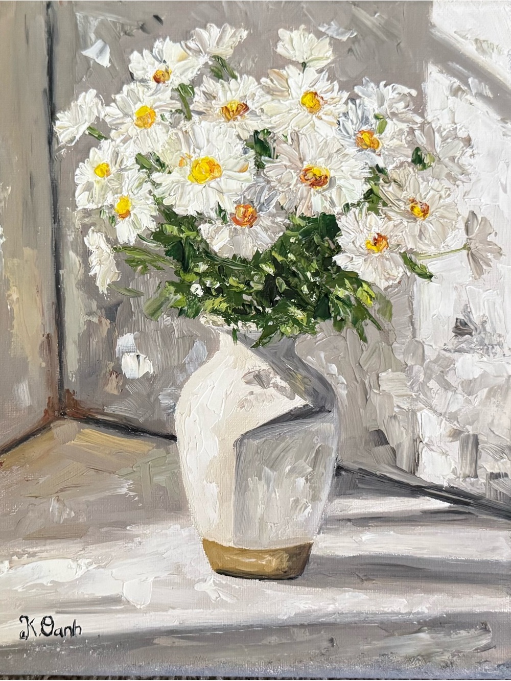 Original oil painting still life white daisies flower vase signed 8x10